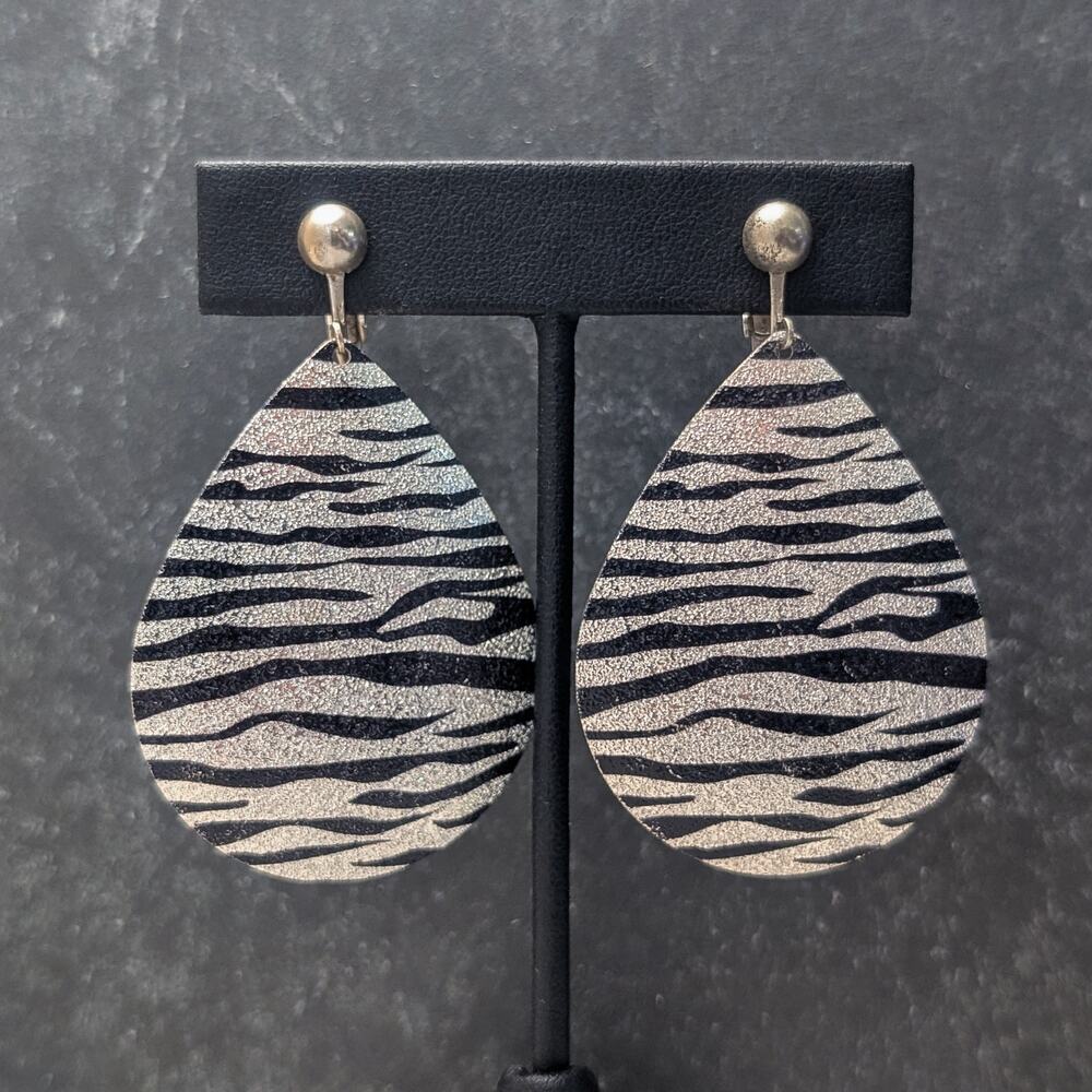 Zebra Print Large Dangle Clip On Earrings - Silver Tone and Black - Rear Marks